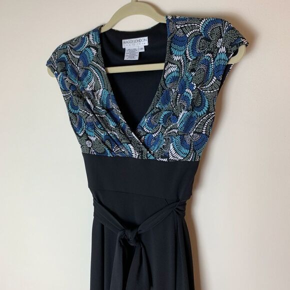 Maggie London Faux Wrap B/W and‎ Turquoise Dress 2 Petite - Picture 1 of 5